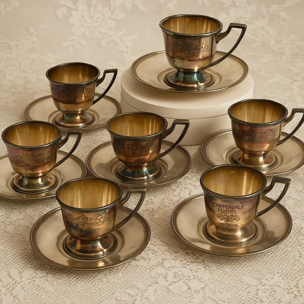 Vintage Chippendale EPNS Silverplate Demitasse Cups & Saucers Set of 10 Pat.1914